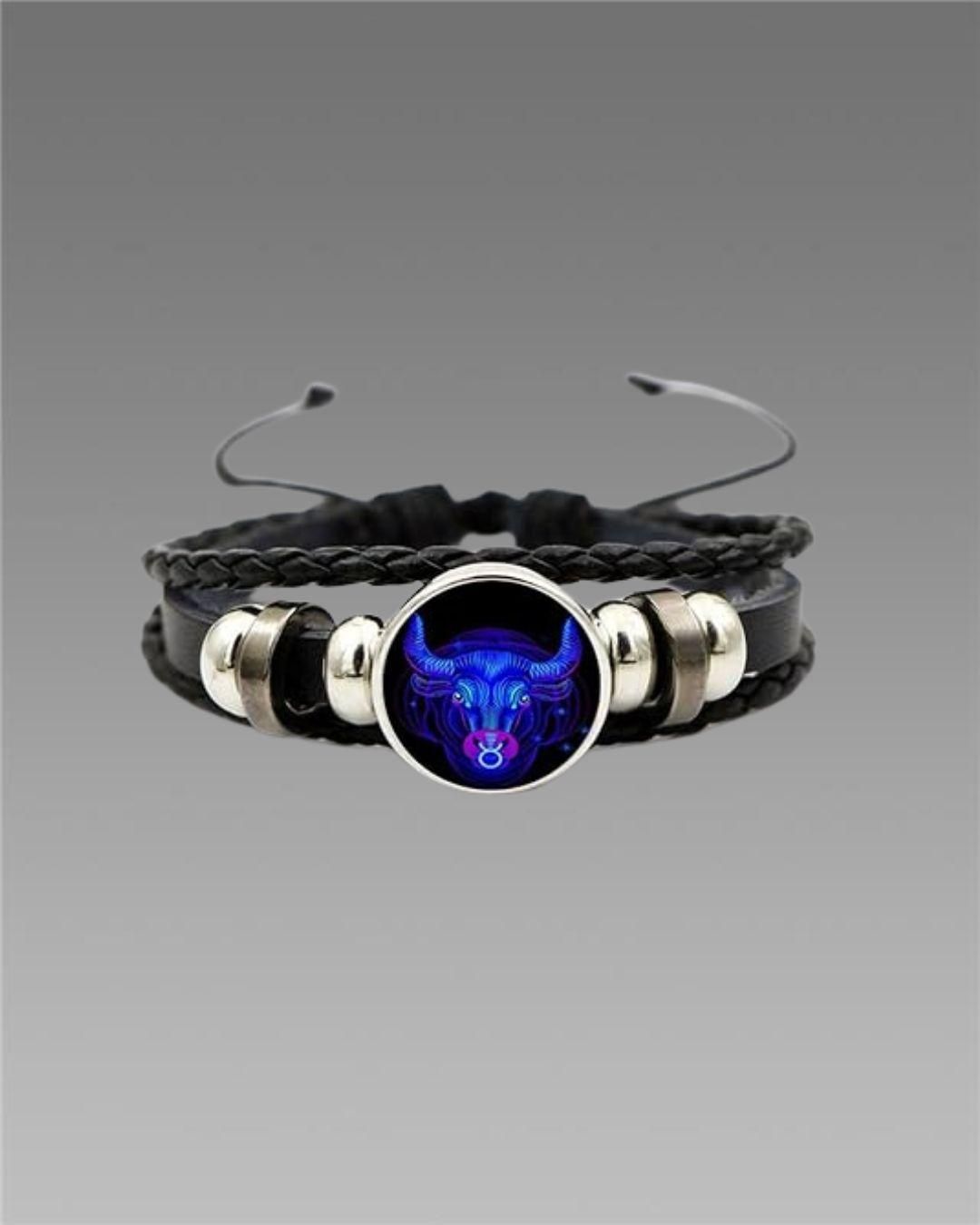 Zodiac Constellation Black Leather Bracelet Adjustable