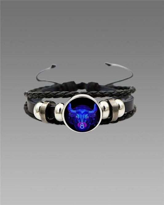 Zodiac Constellation Black Leather Bracelet Adjustable