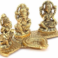 Lakshmi Ganesh Saraswati Idol with Deepak Showpiece Design Gold Plated