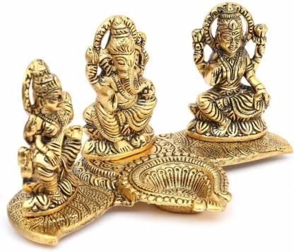 Lakshmi Ganesh Saraswati Idol with Deepak Showpiece Design Gold Plated