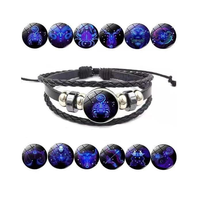 Zodiac Constellation Black Leather Bracelet Adjustable