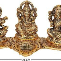 Lakshmi Ganesh Saraswati Idol with Deepak Showpiece Design Gold Plated
