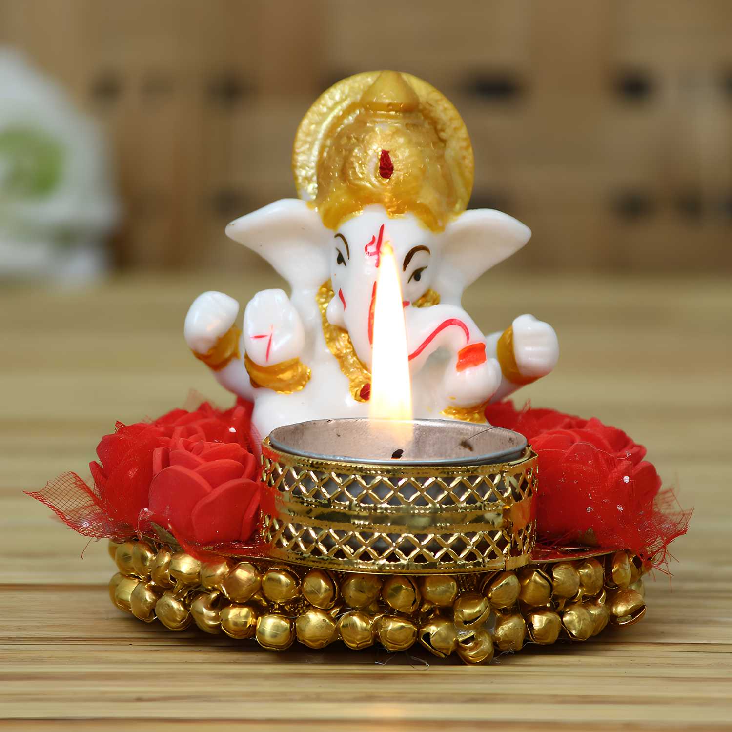 Lord Ganesha Idol on Decorative Plate with Tea Light Holder eCraftIndia