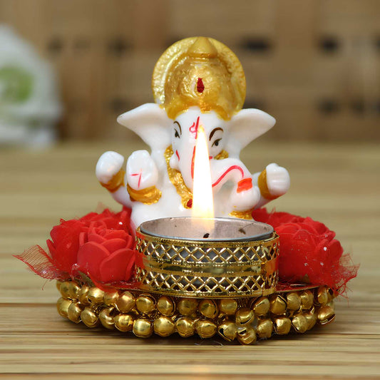 Lord Ganesha Idol on Decorative Plate with Tea Light Holder eCraftIndia