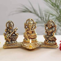 Lakshmi Ganesh Saraswati Idol with Deepak Showpiece Design Gold Plated