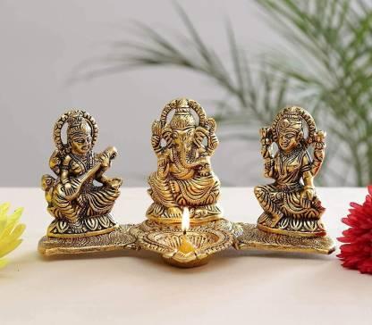 Lakshmi Ganesh Saraswati Idol with Deepak Showpiece Design Gold Plated