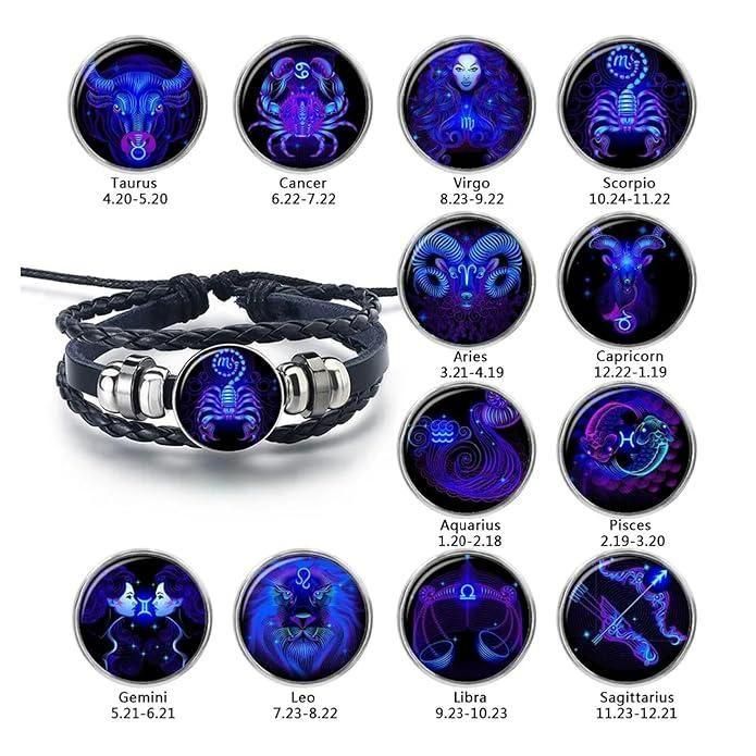 Zodiac Constellation Black Leather Bracelet Adjustable