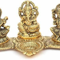 Lakshmi Ganesh Saraswati Idol with Deepak Showpiece Design Gold Plated