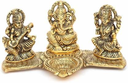 Lakshmi Ganesh Saraswati Idol with Deepak Showpiece Design Gold Plated