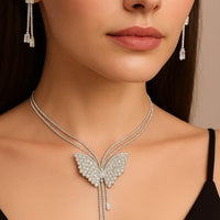 Butterfly Pendant Necklace with Earrings Silver