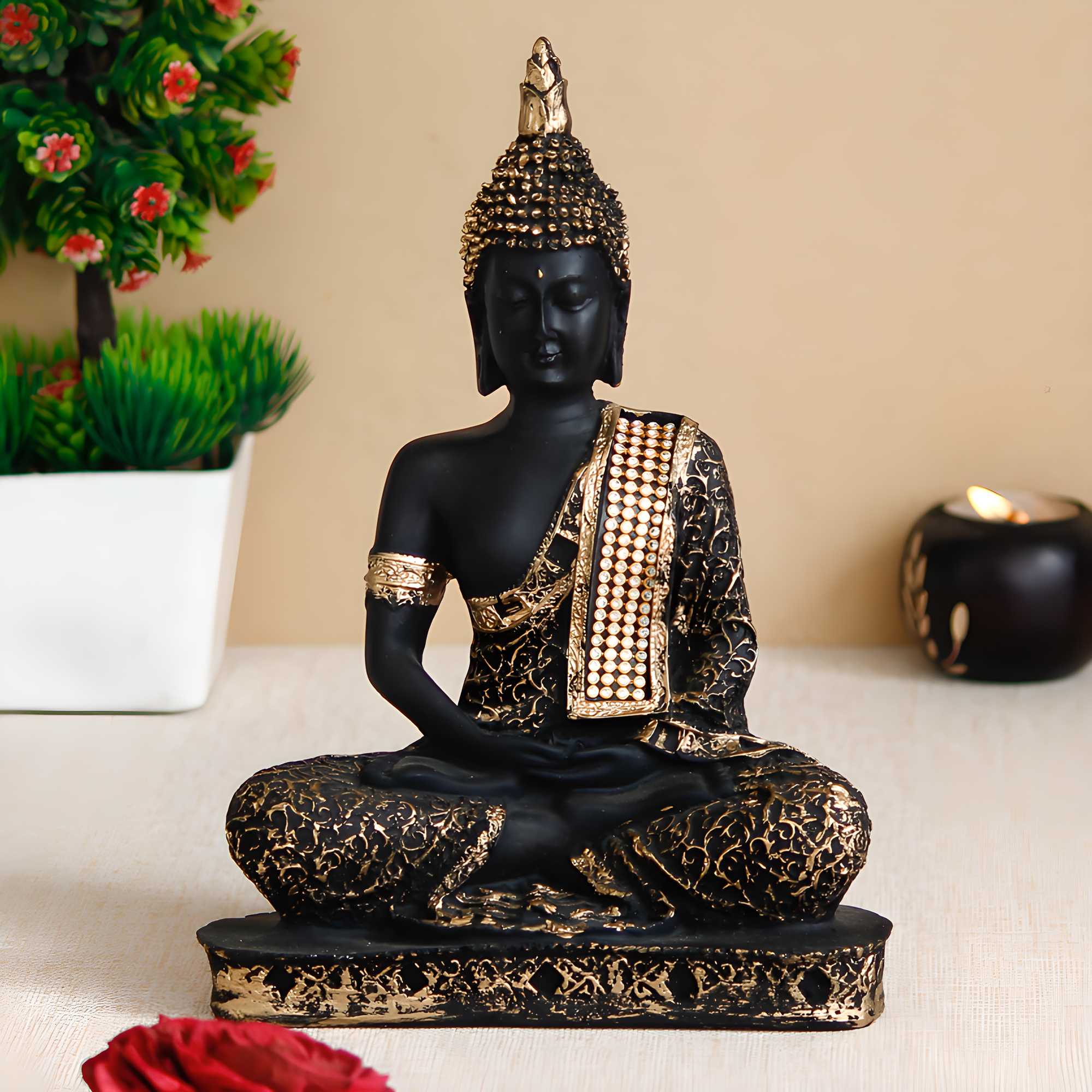 Meditating Lord Buddha  Black and Golden Handcrafted Decorative Showpiece
