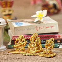 Lakshmi Ganesh Saraswati Idol with Deepak Showpiece Design Gold Plated